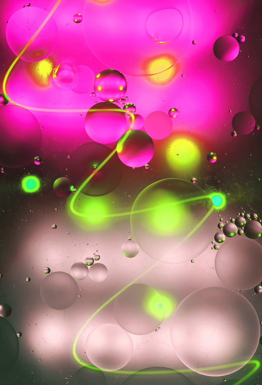 Pink and green light shines through suspended bubbles.
